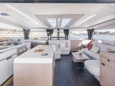 Premium +, a Fountaine Pajot Aura 51 catamaran at Sant Antoni de Portmany, Spain