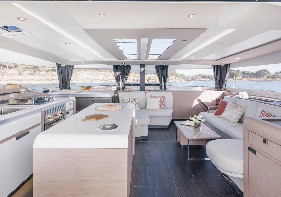 Premium +, a Fountaine Pajot Aura 51 catamaran at Sant Antoni de Portmany, Spain