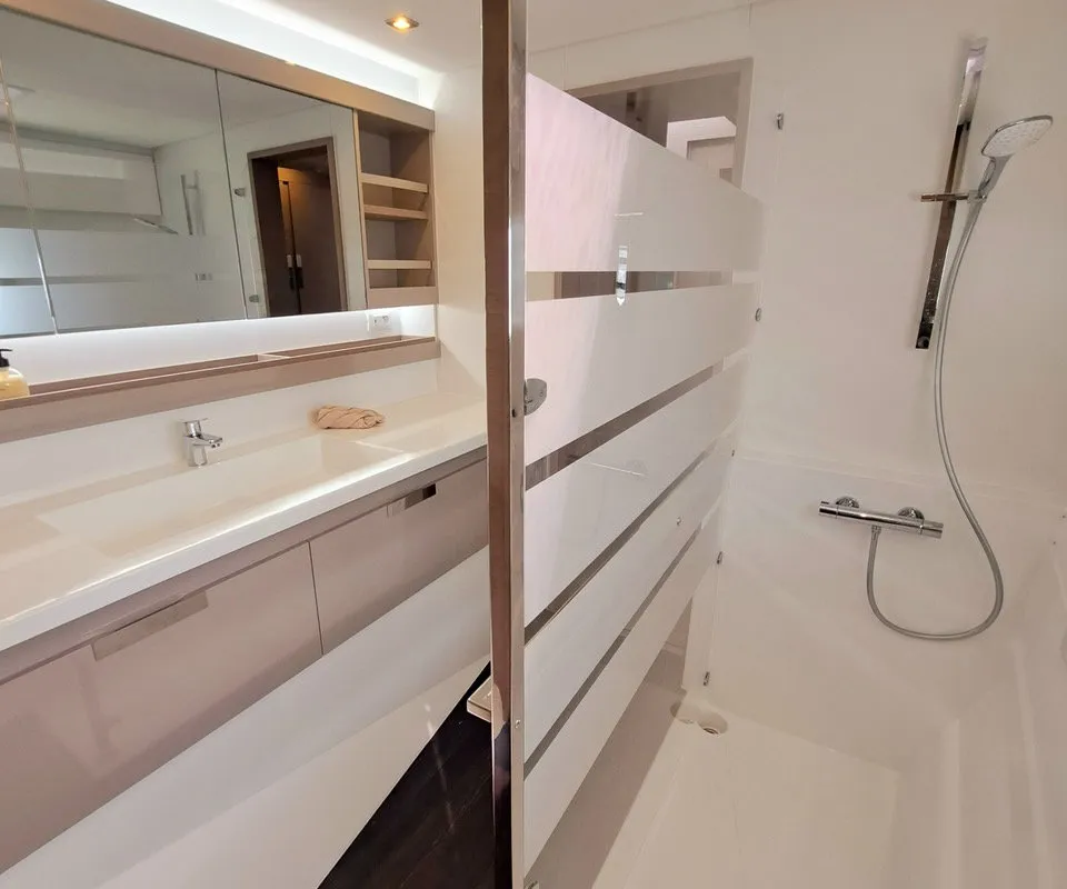 Premium +, a Fountaine Pajot Aura 51 catamaran at Sant Antoni de Portmany, Spain