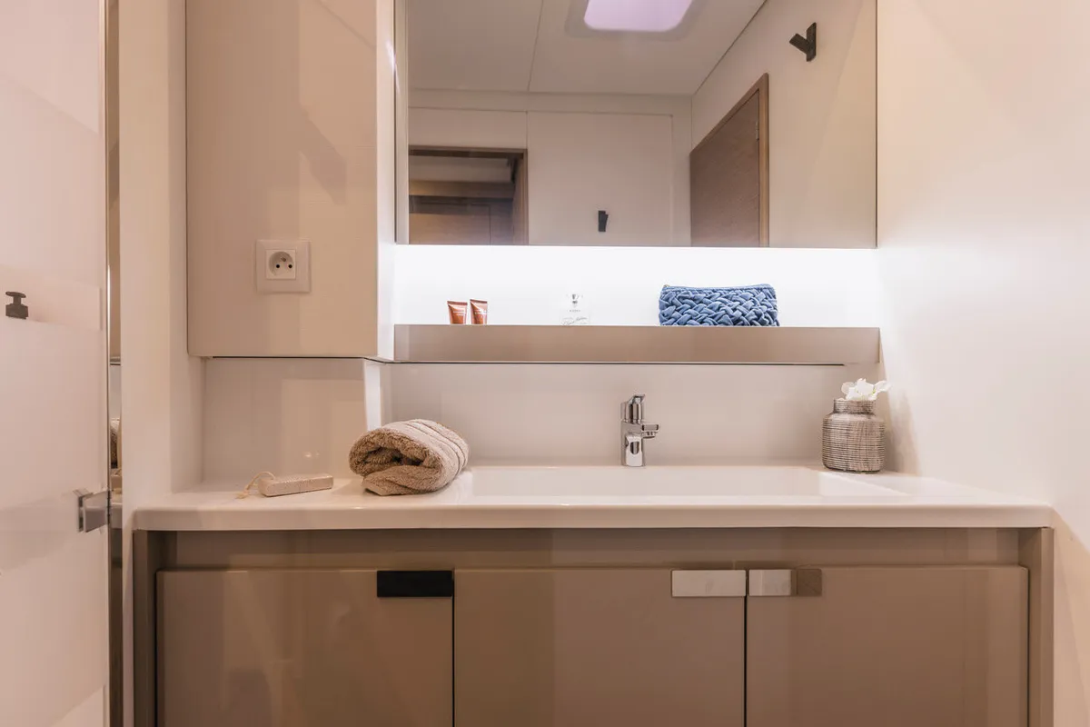 Premium +, a Fountaine Pajot Aura 51 catamaran at Sant Antoni de Portmany, Spain