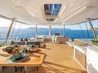 Deck of Lagoon 60, a catamaran at Olbia, Italy