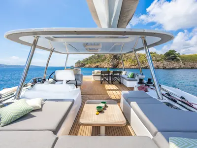Cockpit of Lagoon 60, a catamaran at Olbia, Italy