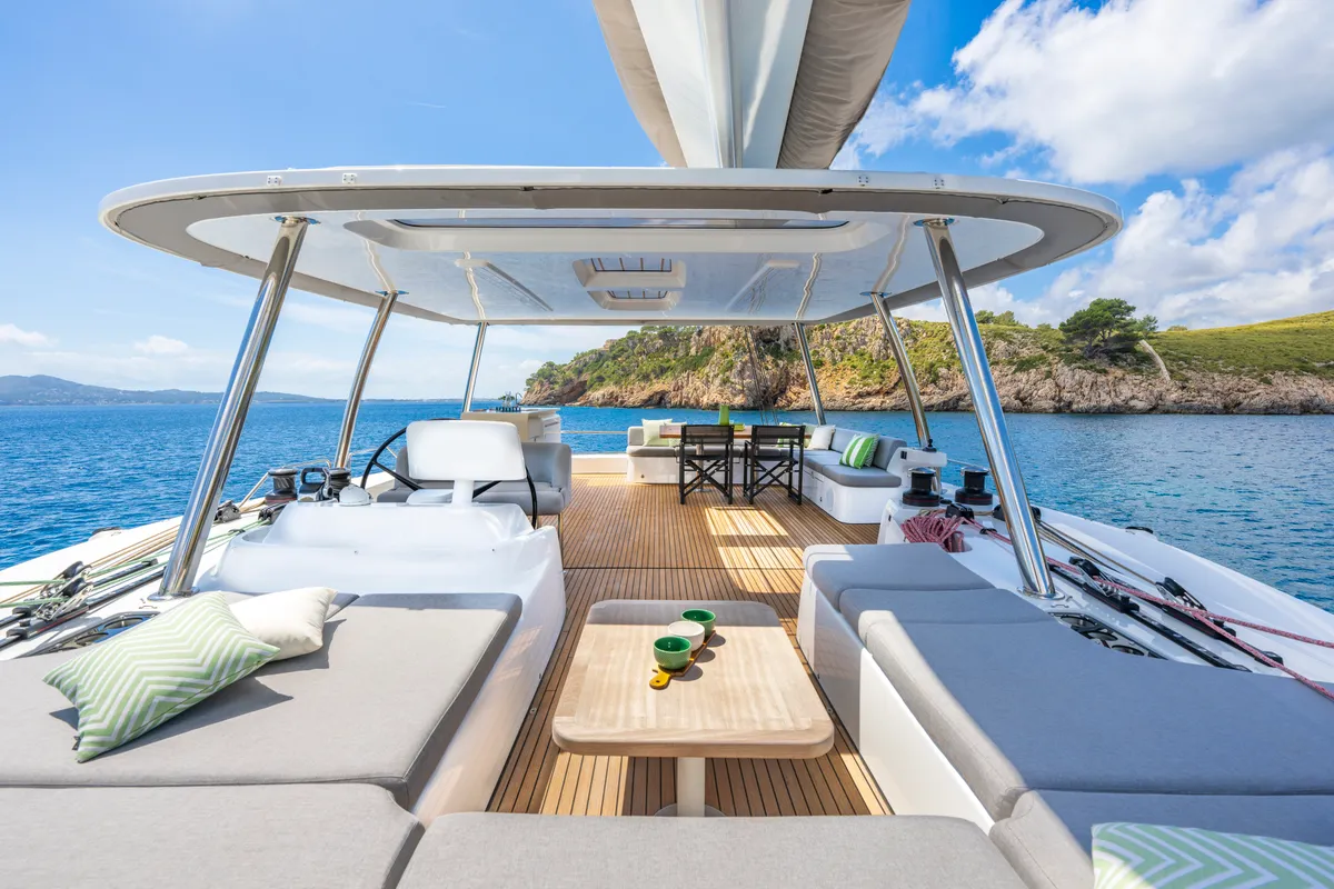 Cockpit of Lagoon 60, a catamaran at Olbia, Italy