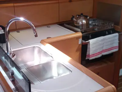 Galley of talelli, a Jeanneau Sun Odyssey 379 sailboat at Kontokali, Greece
