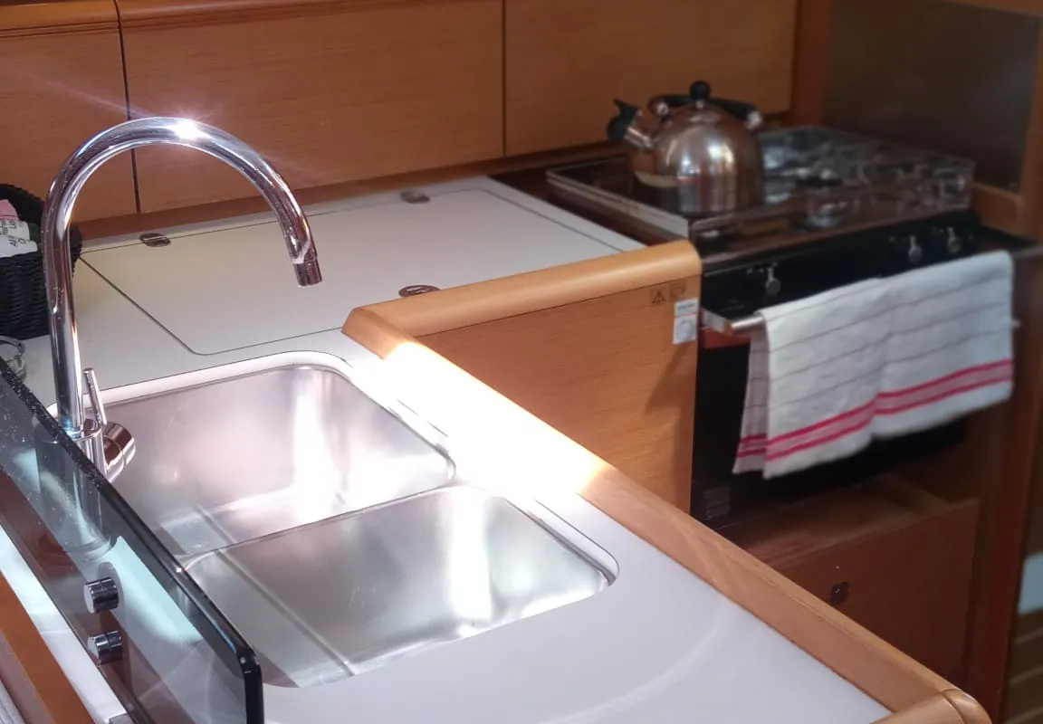 Galley of talelli, a Jeanneau Sun Odyssey 379 sailboat at Kontokali, Greece