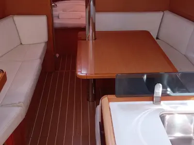 Salon of talelli, a Jeanneau Sun Odyssey 379 sailboat at Kontokali, Greece