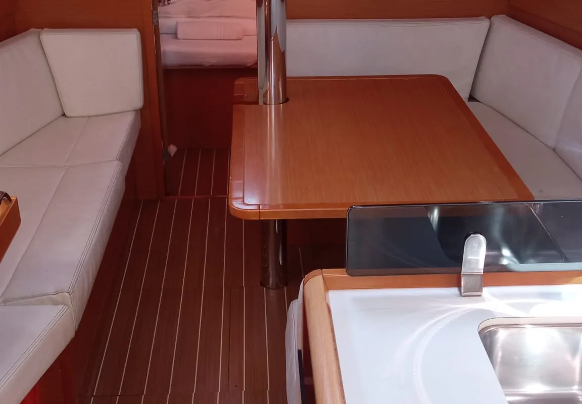 Salon of talelli, a Jeanneau Sun Odyssey 379 sailboat at Kontokali, Greece