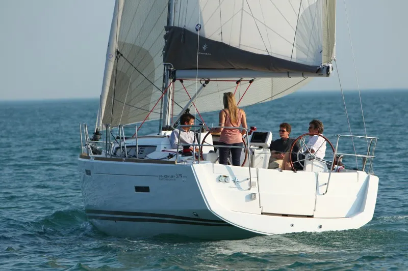 Exterior view of talelli, a Jeanneau Sun Odyssey 379 sailboat at Kontokali, Greece
