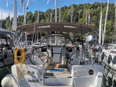 Cockpit of talelli, a Jeanneau Sun Odyssey 379 sailboat at Kontokali, Greece