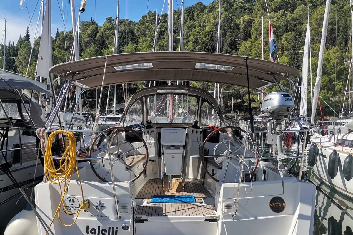 Cockpit of talelli, a Jeanneau Sun Odyssey 379 sailboat at Kontokali, Greece