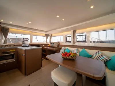 Salon of ANNIE, a Lagoon 450 Fly catamaran at Athens, Greece