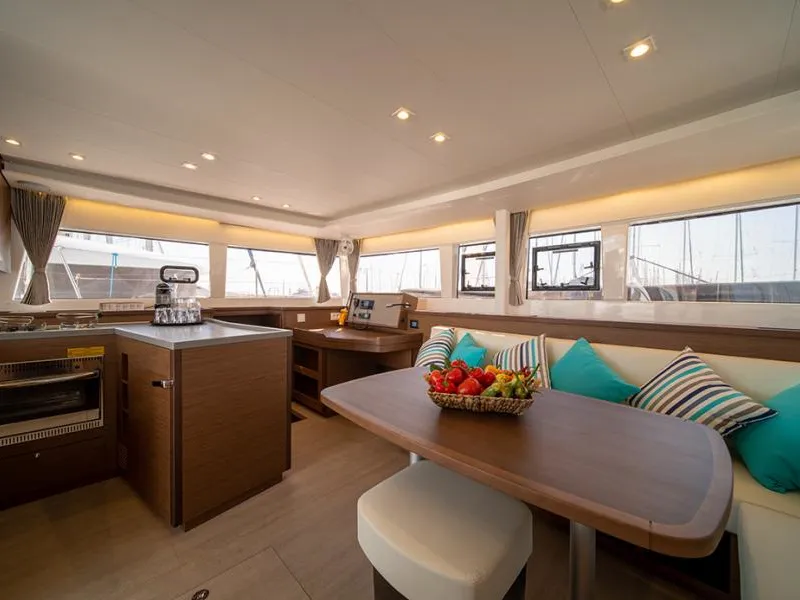 Salon of ANNIE, a Lagoon 450 Fly catamaran at Athens, Greece