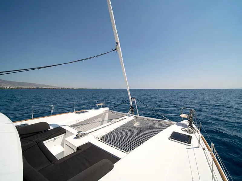 Deck of ANNIE, a Lagoon 450 Fly catamaran at Athens, Greece