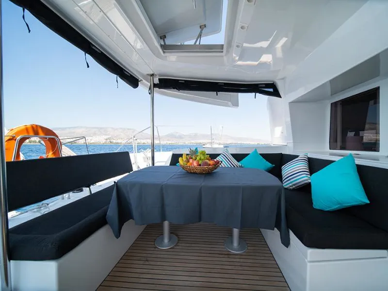 Deck of ANNIE, a Lagoon 450 Fly catamaran at Athens, Greece