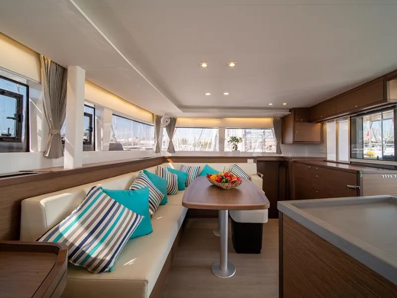 Salon of ANNIE, a Lagoon 450 Fly catamaran at Athens, Greece
