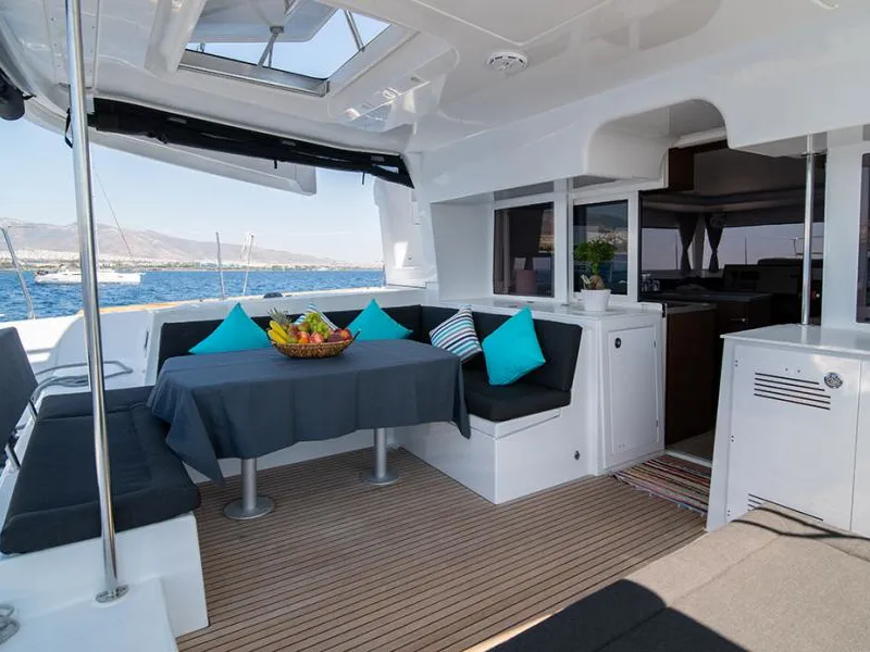 Deck of ANNIE, a Lagoon 450 Fly catamaran at Athens, Greece