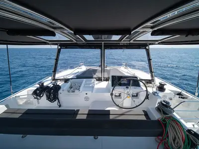 Cockpit of ANNIE, a Lagoon 450 Fly catamaran at Athens, Greece