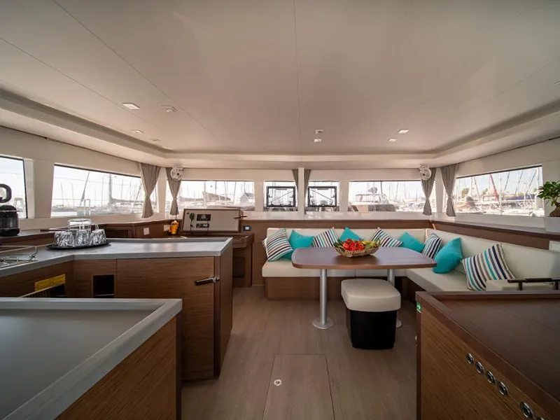 Salon of ANNIE, a Lagoon 450 Fly catamaran at Athens, Greece