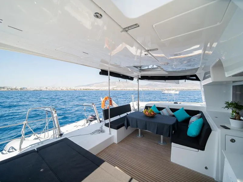 Deck of ANNIE, a Lagoon 450 Fly catamaran at Athens, Greece