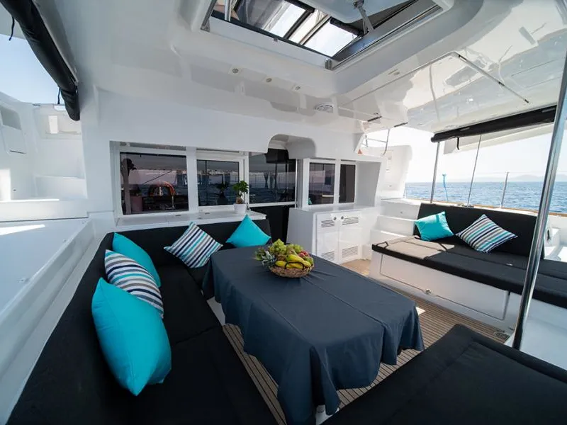 Deck of ANNIE, a Lagoon 450 Fly catamaran at Athens, Greece