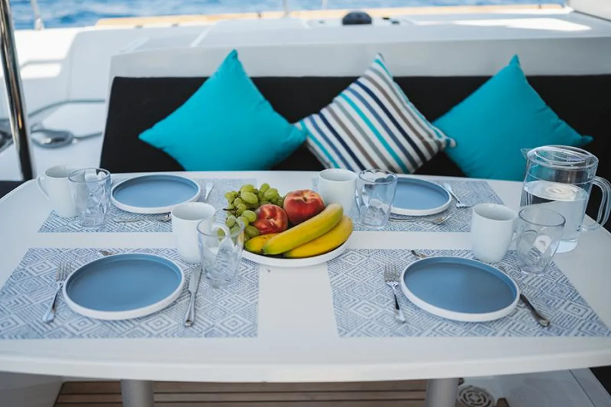 Deck of ANNIE, a Lagoon 450 Fly catamaran at Athens, Greece