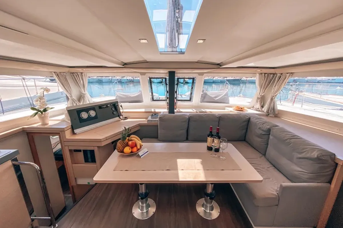 Salon of Go Earth 1, a Fountaine Pajot Lucia 40 catamaran at Grad Pula, Croatia