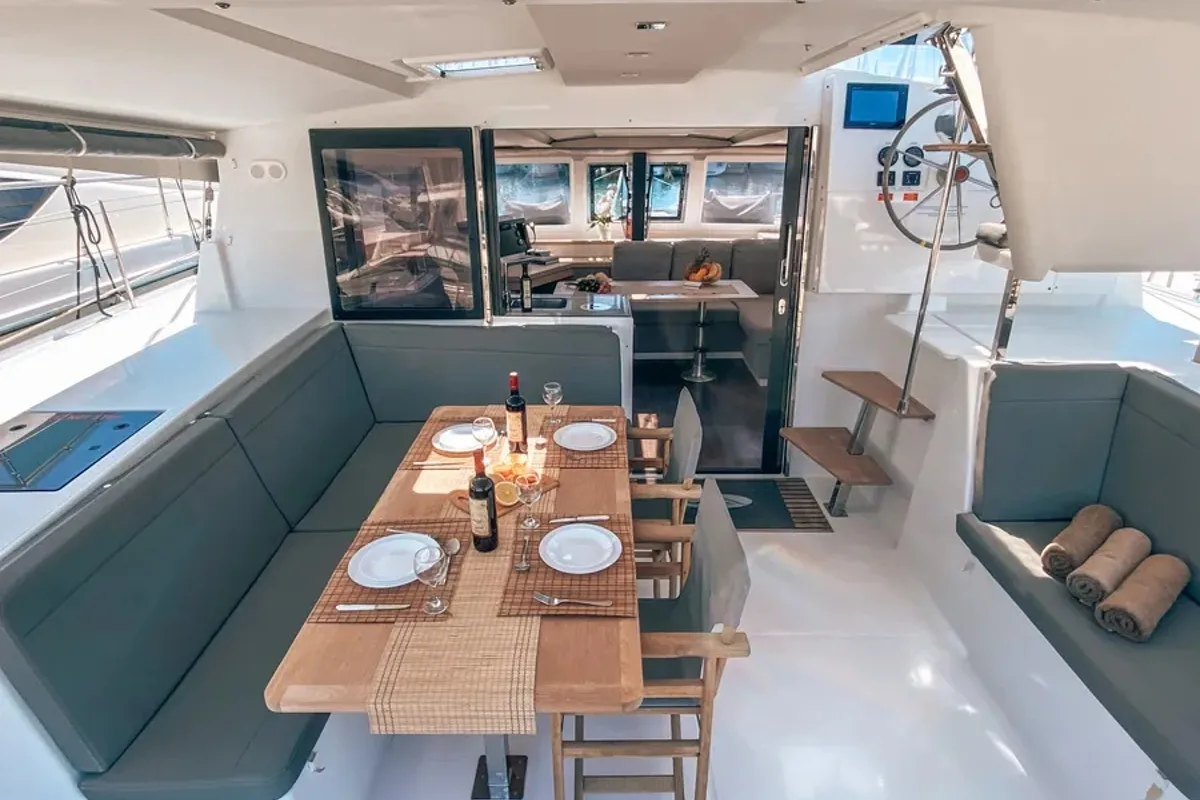 Deck of Go Earth 1, a Fountaine Pajot Lucia 40 catamaran at Grad Pula, Croatia