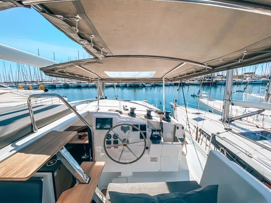 Cockpit of Go Earth 1, a Fountaine Pajot Lucia 40 catamaran at Grad Pula, Croatia