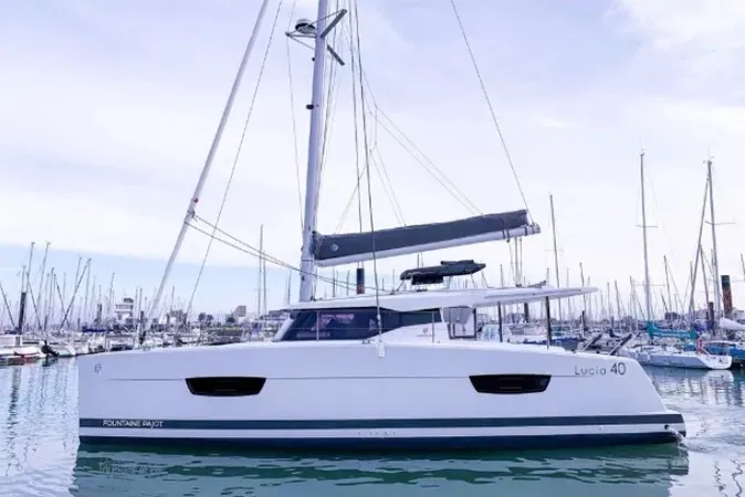 Exterior view of Go Earth 1, a Fountaine Pajot Lucia 40 catamaran at Grad Pula, Croatia