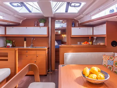 Galley of Si Può Fare, a Dufour 430 sailboat at Palermo, Italy