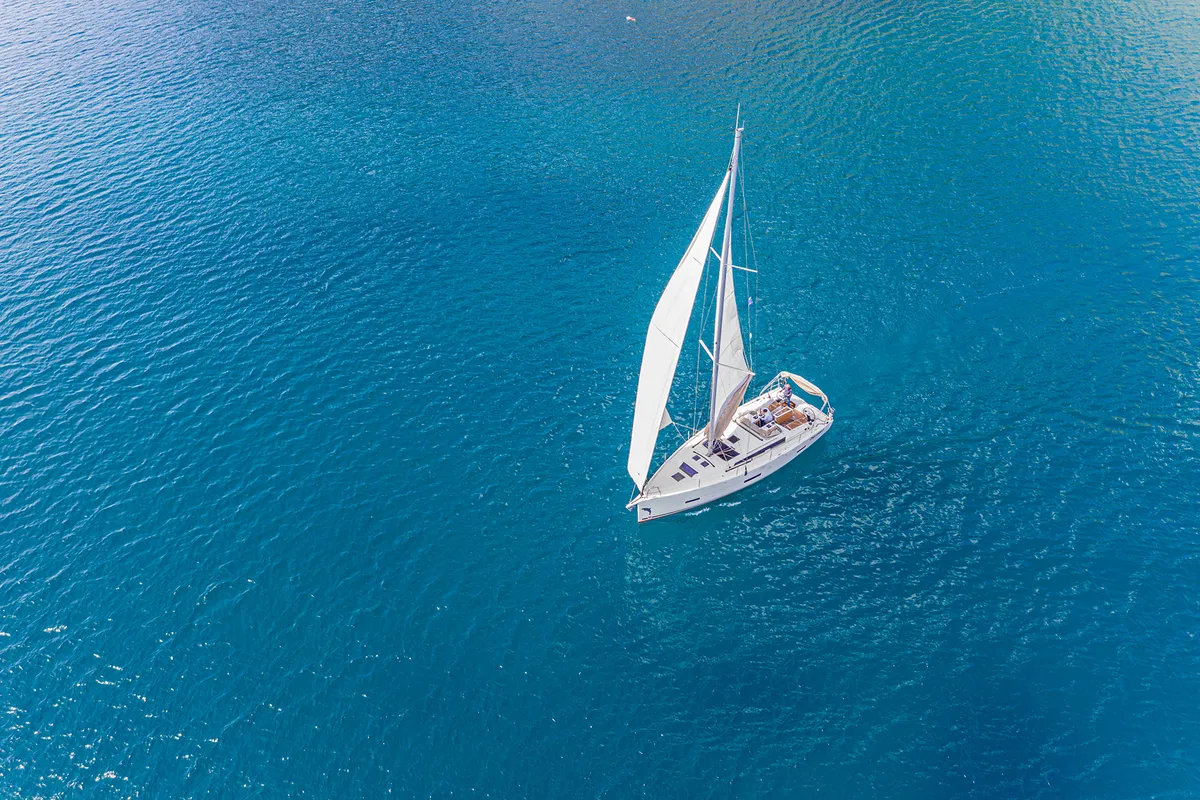 Exterior view of Si Può Fare, a Dufour 430 sailboat at Palermo, Italy