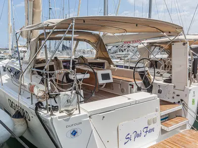Cockpit of Si Può Fare, a Dufour 430 sailboat at Palermo, Italy