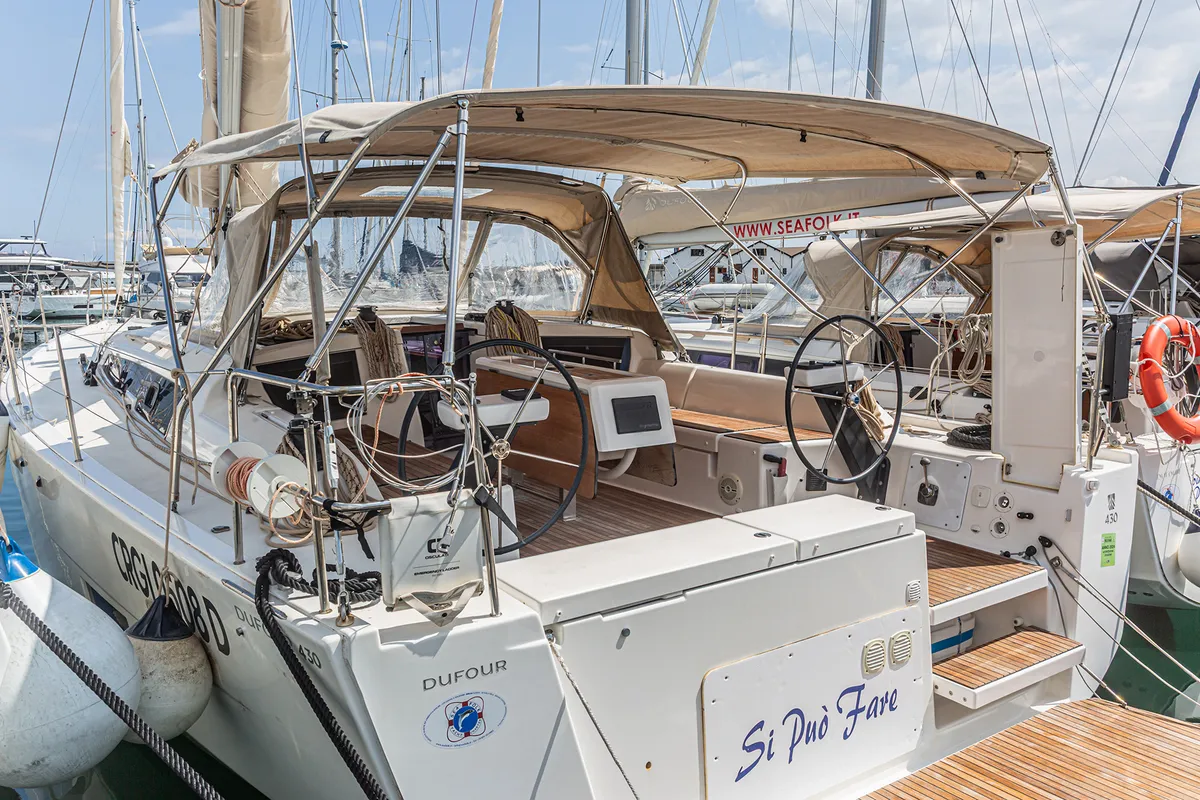 Cockpit of Si Può Fare, a Dufour 430 sailboat at Palermo, Italy