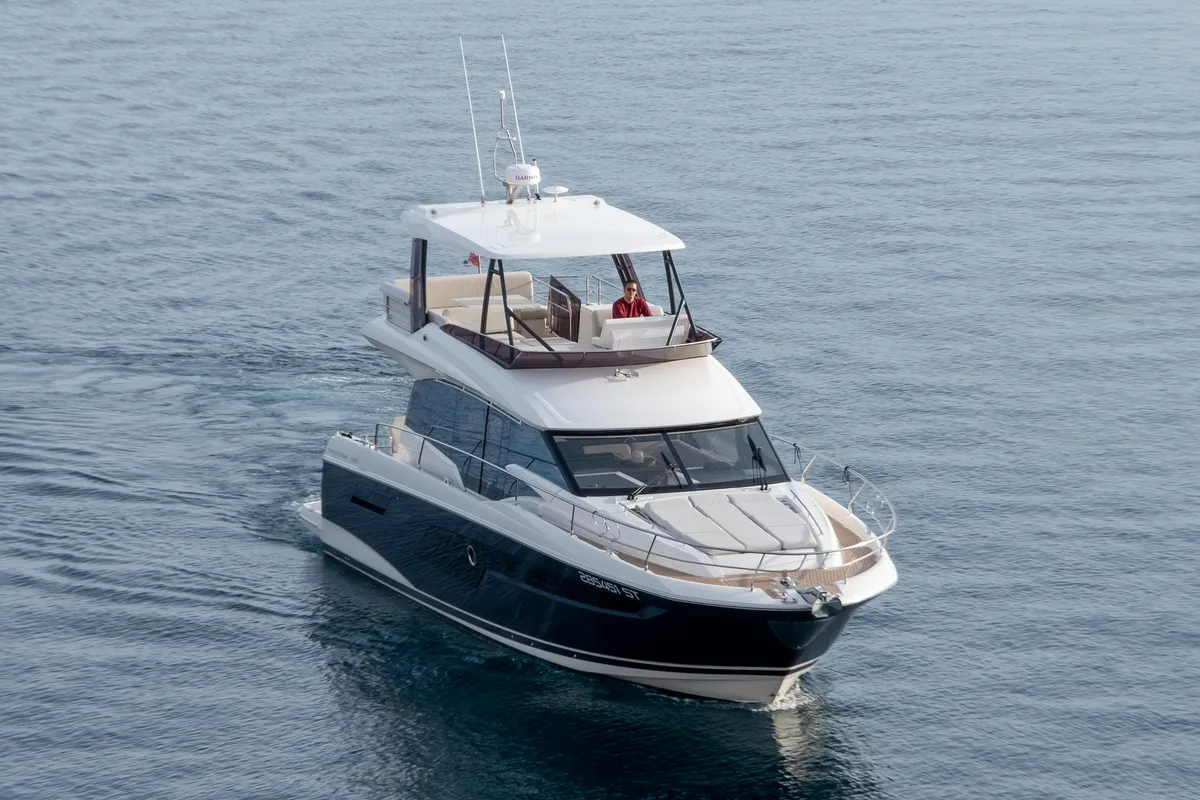 Exterior view of Baby Indy, a Jeanneau Prestige 520 Flybridge motor yacht at Split, Croatia