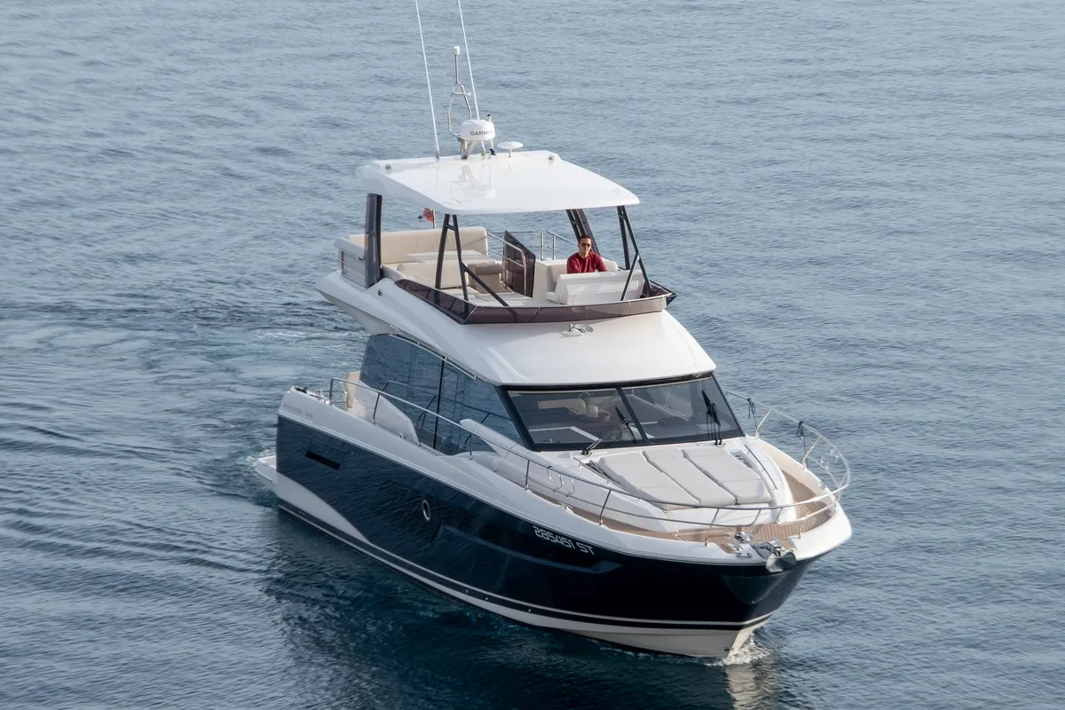 Exterior view of Baby Indy, a Jeanneau Prestige 520 Flybridge motor yacht at Split, Croatia