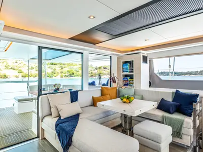 Salon of WINDSEA, a Leopard 50 catamaran at Kontokali, Greece
