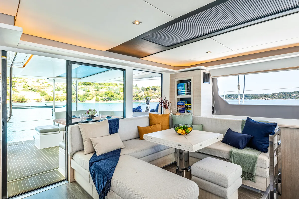 Salon of WINDSEA, a Leopard 50 catamaran at Kontokali, Greece