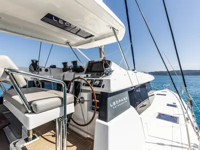 Cockpit of WINDSEA, a Leopard 50 catamaran at Kontokali, Greece