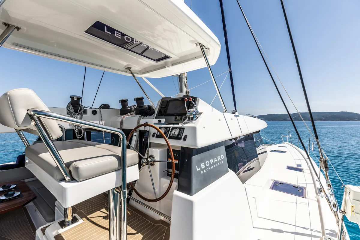 Cockpit of WINDSEA, a Leopard 50 catamaran at Kontokali, Greece