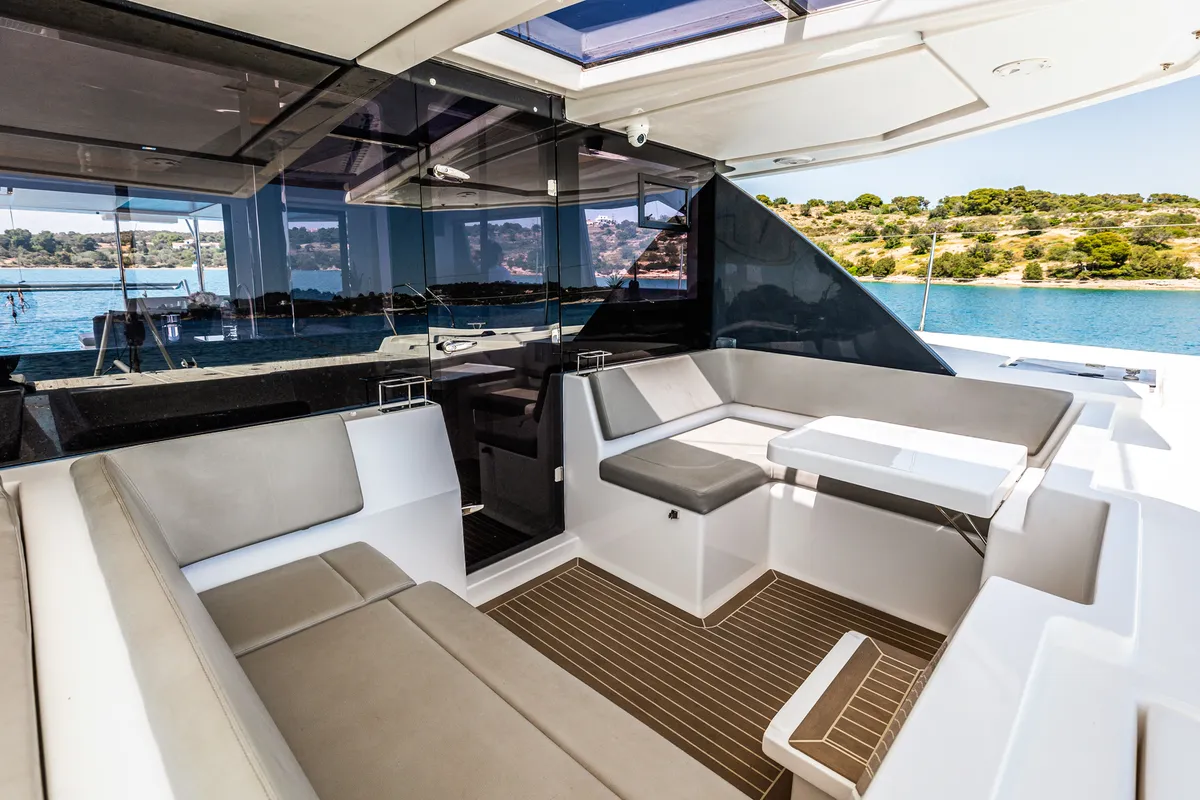 Deck of WINDSEA, a Leopard 50 catamaran at Kontokali, Greece