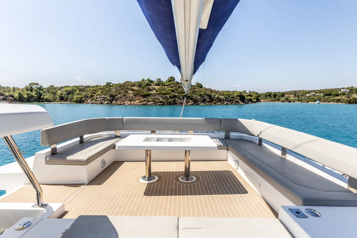 Deck of WINDSEA, a Leopard 50 catamaran at Kontokali, Greece