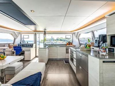 Galley of WINDSEA, a Leopard 50 catamaran at Kontokali, Greece