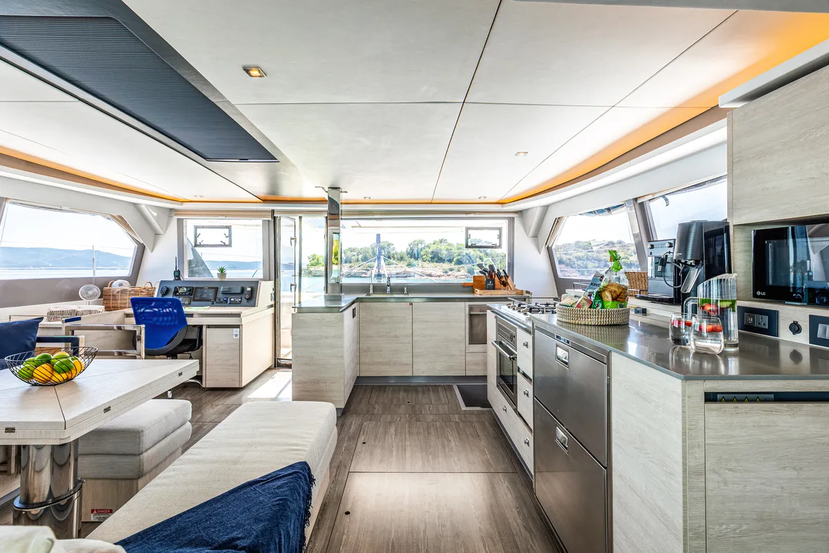 Galley of WINDSEA, a Leopard 50 catamaran at Kontokali, Greece