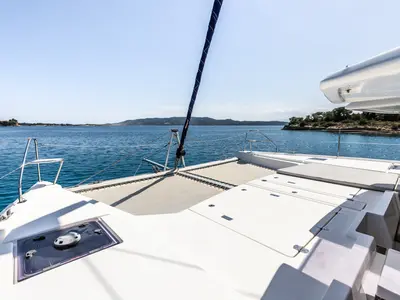 Deck of WINDSEA, a Leopard 50 catamaran at Kontokali, Greece