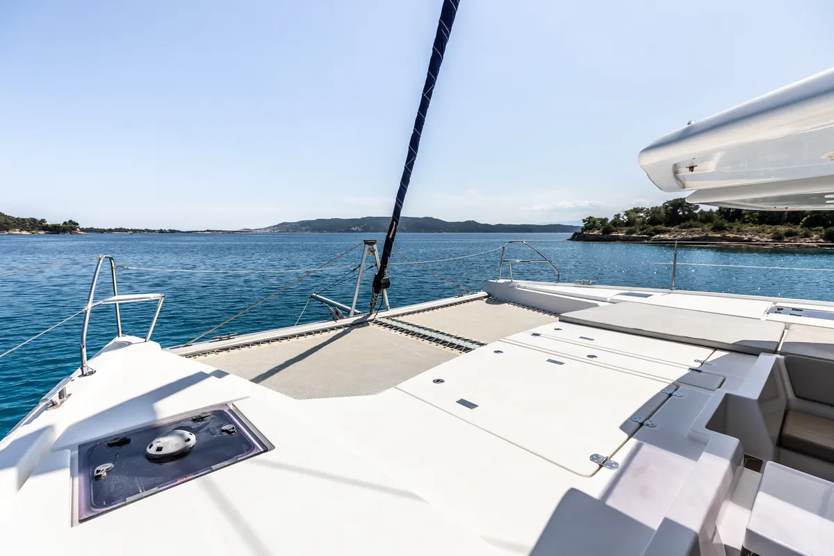 Deck of WINDSEA, a Leopard 50 catamaran at Kontokali, Greece