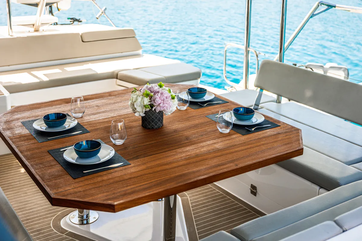 Deck of WINDSEA, a Leopard 50 catamaran at Kontokali, Greece