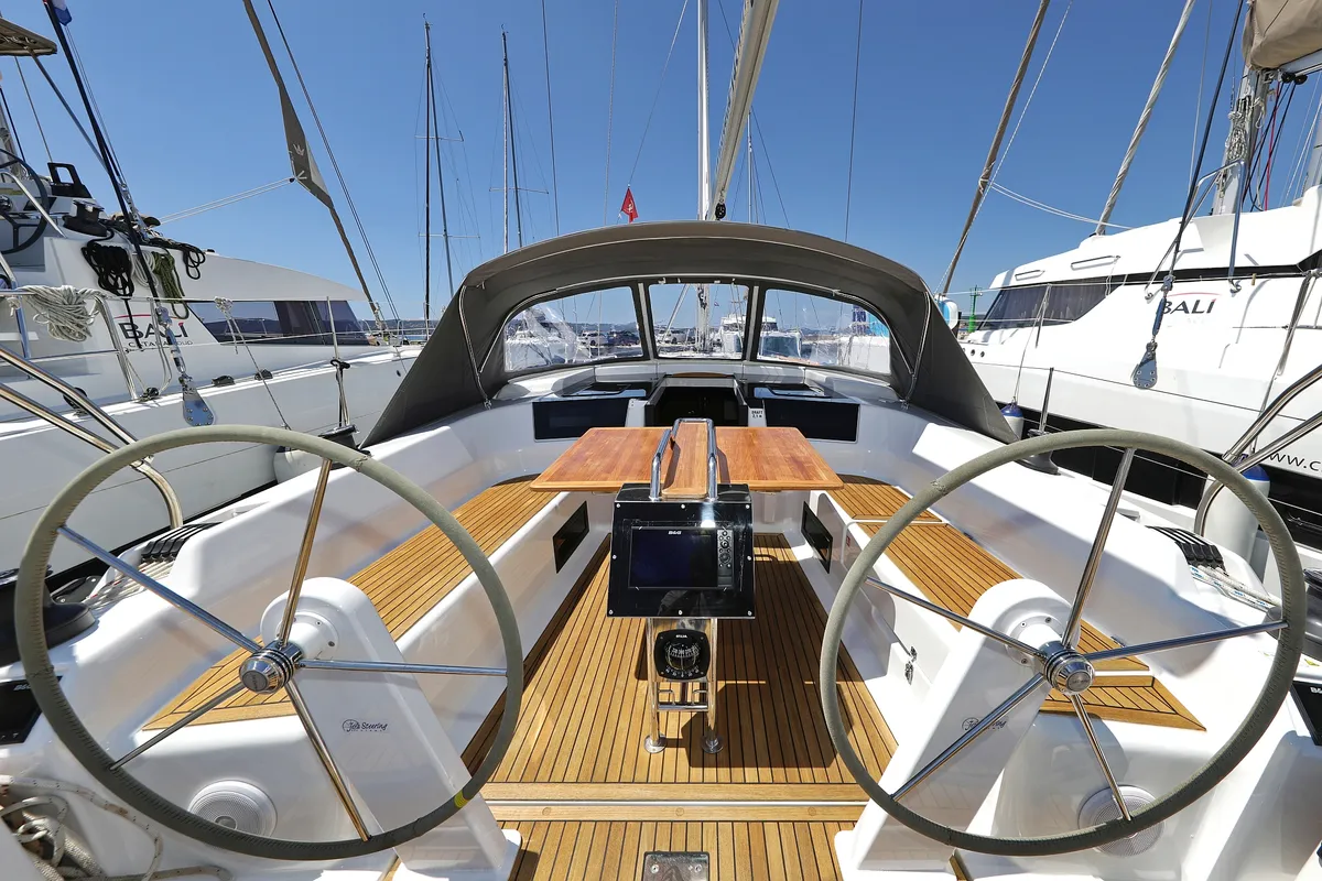 Cockpit of NIKE, a Hanse 418 sailboat at Novi Vinodolski, Croatia