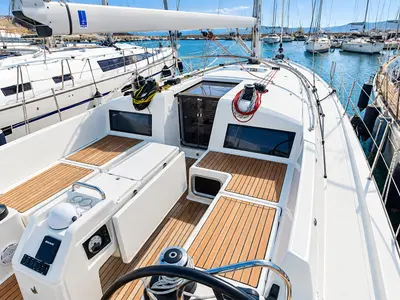 Deck of Silvana D, a Jeanneau Sun Odyssey 449 sailboat at Punta Ala, Italy