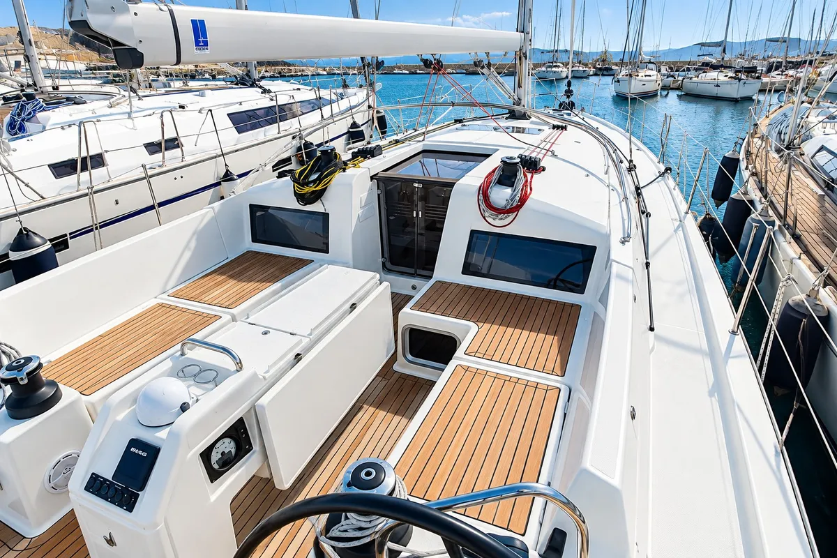 Deck of Silvana D, a Jeanneau Sun Odyssey 449 sailboat at Punta Ala, Italy