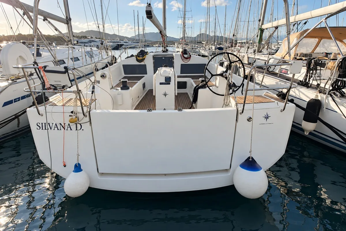 Exterior view of Silvana D, a Jeanneau Sun Odyssey 449 sailboat at Punta Ala, Italy